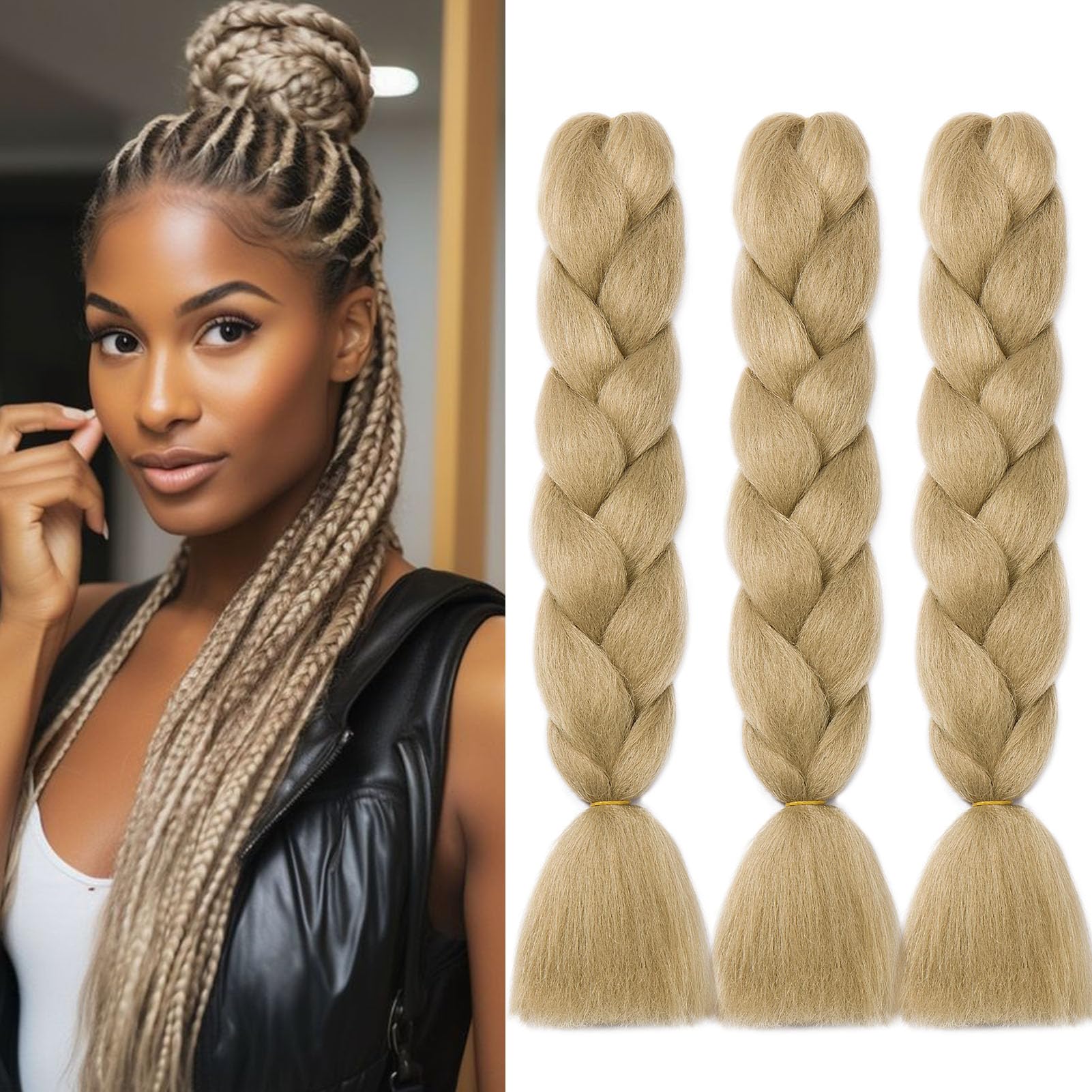 Gairyan Braiding Hair Extensions Ombre Jumbo Braids Synthetic Hair 3 Packs 24 inches 300g Coloured Hair for Braiding Extensions Box Braids Crochet Twist, Ash Blonde