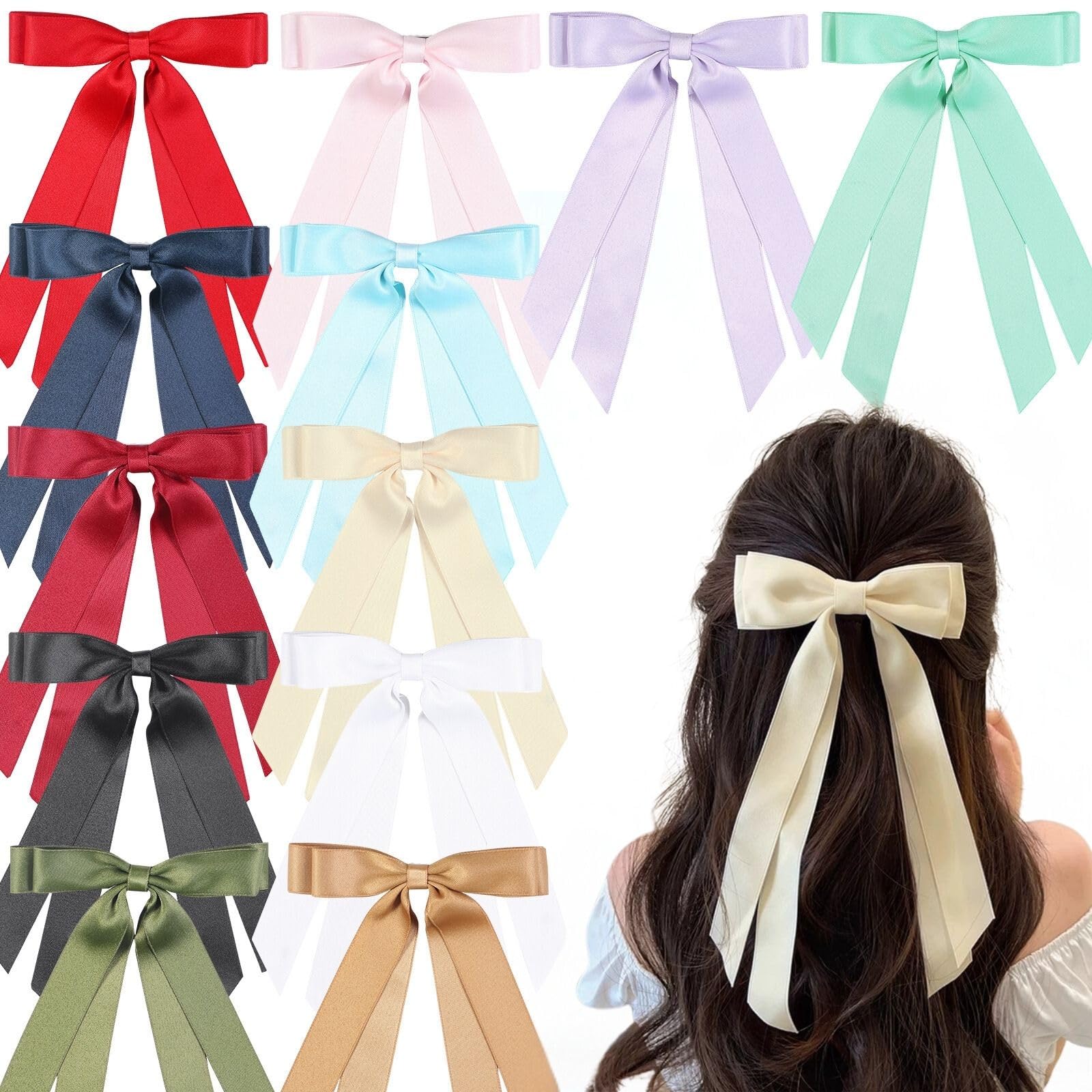 Photo 1 of 12 PCS Double Layer Hair Accessories - Silky Satin Ribbon Bow Clips with Long Tails for Women