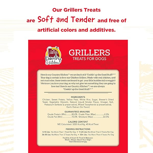 COUNTRY KITCHEN CHICKEN GRILLERS DOG TREATS, HIGH PROTEIN, LOW FAT, NO ARTIFICIAL COLORS, 10 OZ