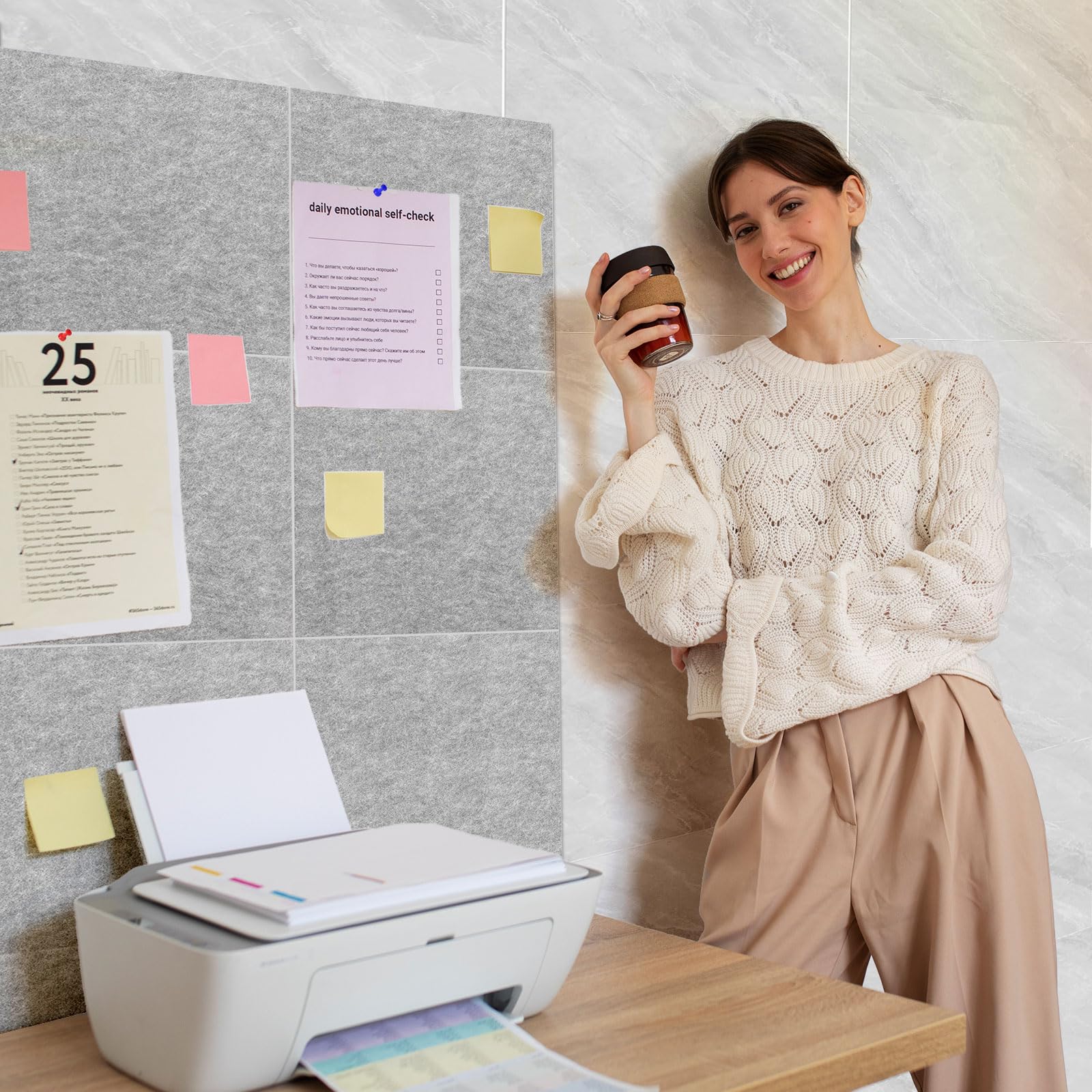 Sliandtelly Filz Pinnwand selbstklebend, 6 Stück Filzwand Korkplatte Mit 60 Pins & Abnehmbaren Klebebändern, Grau Foto Pinnwände Dicke 12mm, 60x90cm, Wandschonend Für Küche Zuhause Büro Schule