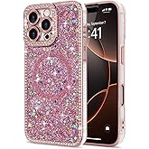 Lafunda for iPhone 16 Pro Max Case Glitter, Luxury Bling Sparkly Rhinestone Diamonds Cover Compatible with MagSafe for Women Girls Shockproof Protective Phone Case for iPhone 16 Pro Max 6.9", Pink
