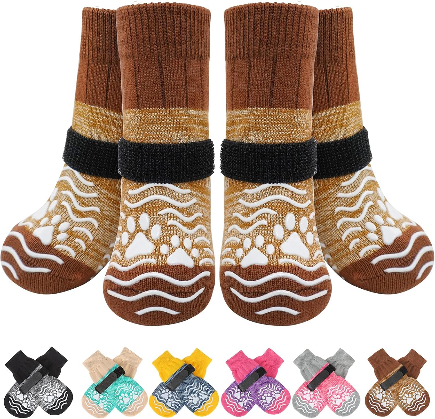 Photo 1 of PUPTECK Anti Slip Dog Socks, Shoes with Grippers to Prevent Licking Hardwood Floors Traction, Rubber Boots & Paw Protectors for Small Medium Large Dogs Cold/Hot Pavement, Senior Dogs Booties Khaki