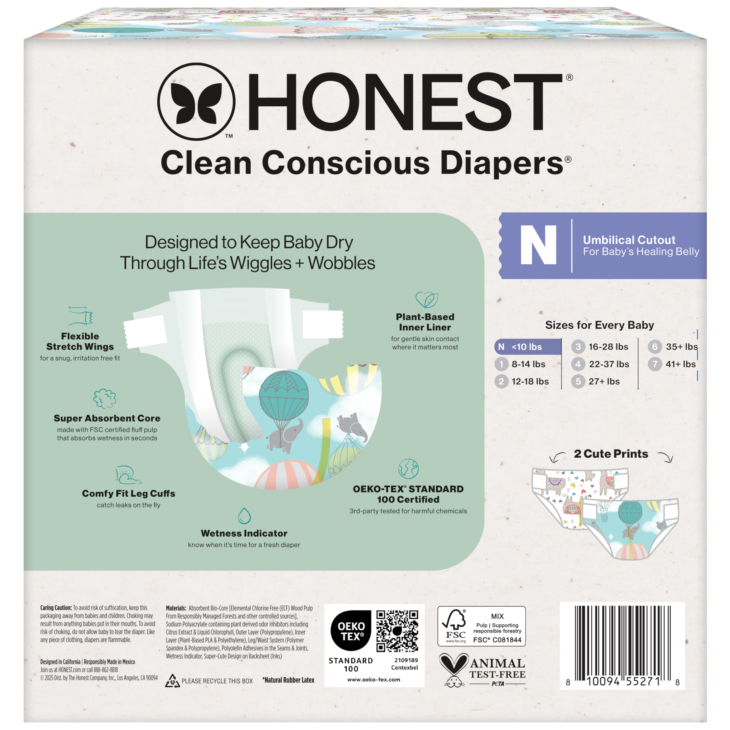 The Honest Company Clean Conscious Diapers for Delicate Skin | Up to 100% Leakproof | Hypoallergenic, Fragrance Free | Gender Neutral | Club Box, Size Newborn, 72 Count (Prints May Vary)