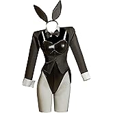Cosplay.fm Women Dress Up Cosplay Costume Black Bunny Bodysuit and Coat with Stockings and Bunny Ear Headband