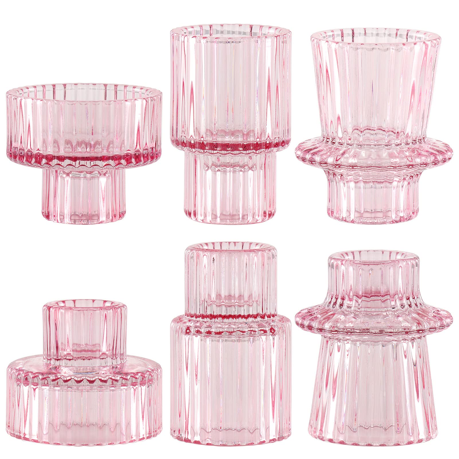 SPETYORT Clear Glass Candle Holders for Pillar Candles - Tabletop Decorative Candlestick Holders Set of 3 Fashion Taper Candle Stand for Dinner Wedding Party (Pink, 6PCS)