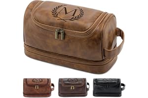 Aganmi Personalized Gifts Travel Toiletry Bag for Men Him, Laser-Engraved Initial PU Leather Waterproof Shaving Bag Christmas Birthday Gift for Men Dad Husband Boyfriend Groomsmen, Light Brown M