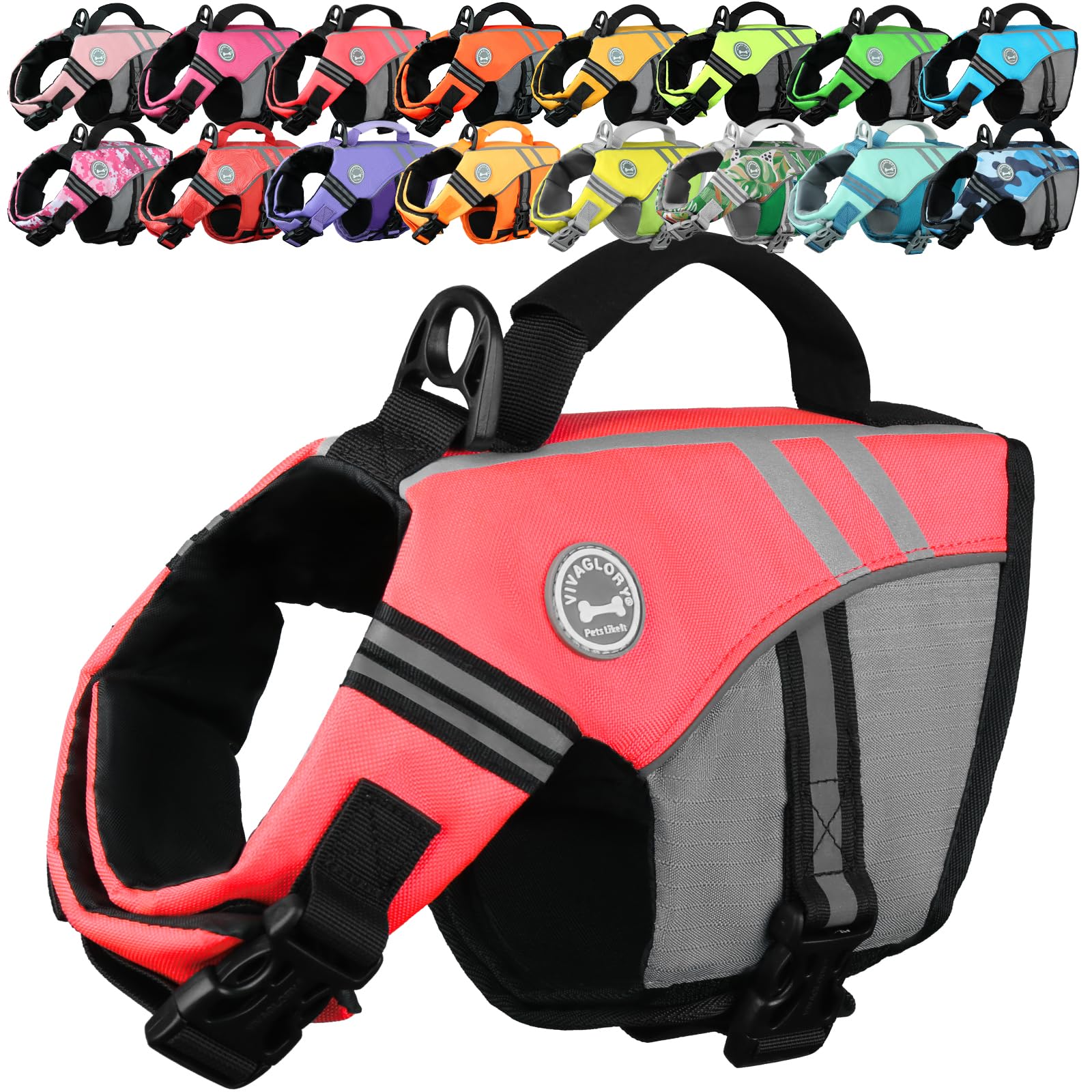 VIVAGLORY Sports Style Dog Life Jacket, Dog Buoyancy Jacket for Swimming & Boating, Ripstop & Buoyancy for Doggy, Life Vest with Handle, XS, Bright Pink
