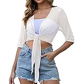YuYukan Womens 3/4 Sleeve Shrug Sheer Mesh Cardigans Tie Front Cropped Lightweight Bolero Shawl Top for Casual Going Out