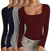 Oakgarden 4 Pack Women's Long Sleeve Shirts Scoop Neck Ribbed Knit Tops Casual Slim Fitted Cotton Tees Fall Basic T Shirts