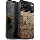 Carveit Magnetic Wooden Case for iPhone 17 Pro Case, Wood Artisan Engraved & Black Soft TPU Shockproof Cover, Compatible with MagSafe Wireless Chargers (Mountains and Deer) Walnut