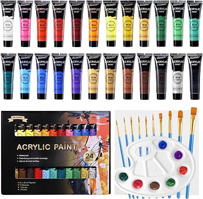 ARTKUNST Acrylic Paint Set 24 x 36 ml with 10 Brushes Canvas Included
