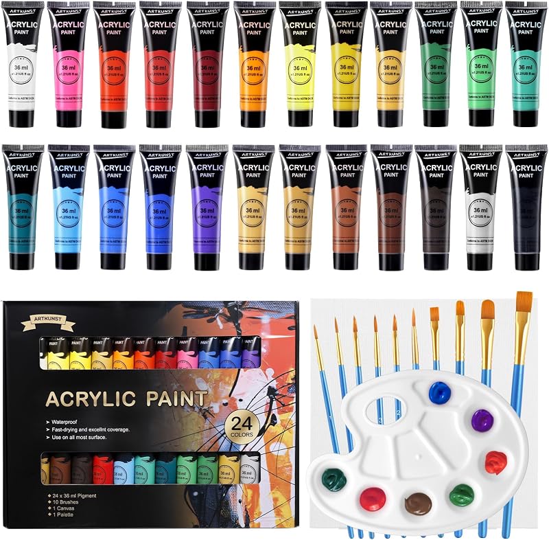 ARTKUNST Acrylic Paint Set 24 x 36 ml with 10 Brushes Canvas Included