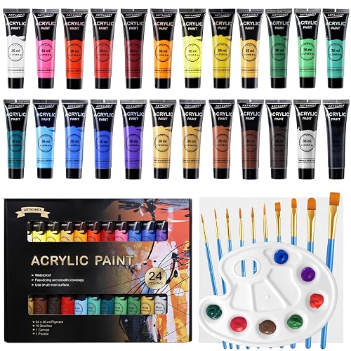 ARTKUNST Acrylic Paint Set, 24 x 36 ml Painting Set with 10 Brushes for Canvas, Wood, Paper, Ceramic, Waterproof Paints with Vivid Colour for Artists, Beginners, Children