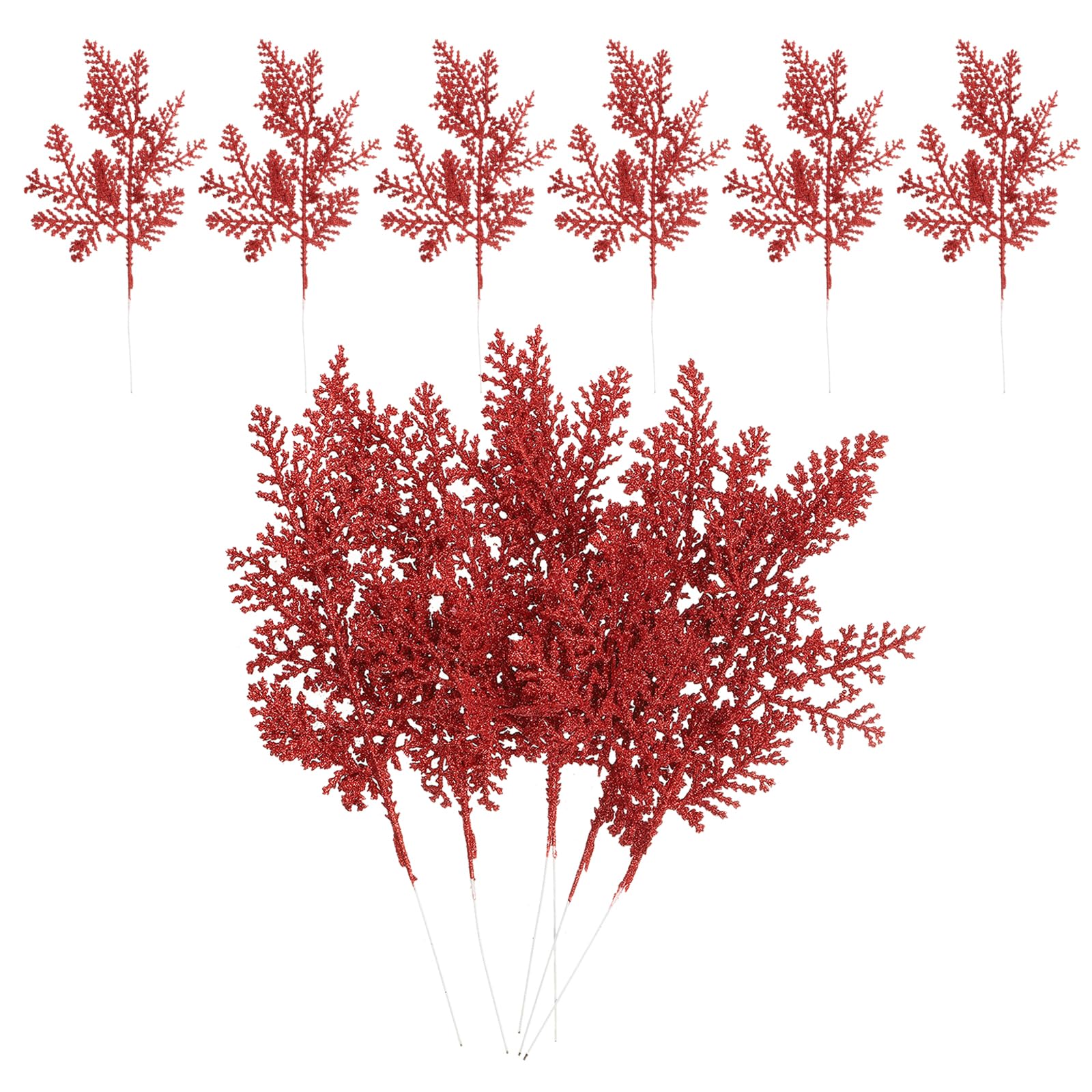 PATIKIL 10 Inch Artificial Pine Needles, 24 Pcs Glitter Pine Stems Christmas Branches Fake Floral Twig Leaves Faux Cedar Picks Sprays for Tree Bouquet Wedding Wreath Greenery Decor, Red