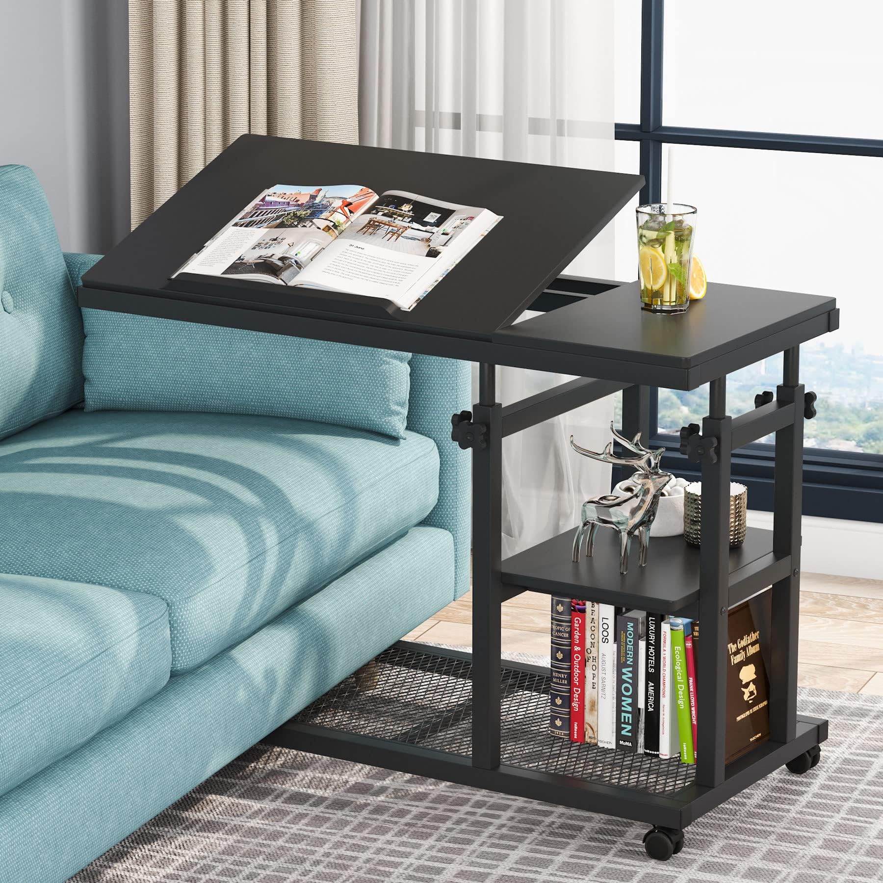 Tribesigns Height Adjustable C Table with Wheels, Mobile Couch Snack