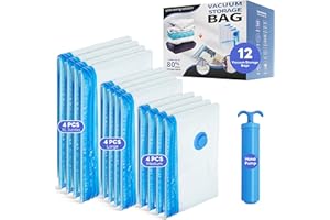 Vacuum Storage Bags, 12 Pack Vacuum Sealer Bags for Clothes Storage, Thick Vacuum Bags for Travel, Packing, Moving and Space 