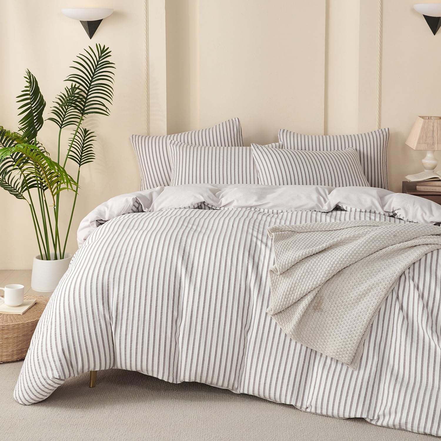 Photo 1 of Luxury Grey Comforter Set Queen - Washed Microfiber 3 Pieces Jacquard Bedding, White & Grey Vertical Ticking Stripes Pattern Comforter with 2 Pillowcases, Soft Breathable Durable Comfy