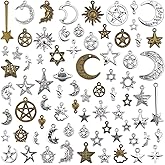 JIALEEY Celestial Mixed Sun Moon Star Charms, Wholesale Bulk Lots Antique Alloy Charms Pendants DIY for Necklace Bracelet Jewelry Making and Crafting, 100g(74PCS)