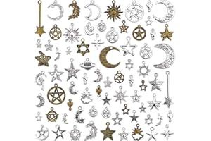 JIALEEY Celestial Mixed Sun Moon Star Charms, Wholesale Bulk Lots Antique Alloy Charms Pendants DIY for Necklace Bracelet Jewelry Making and Crafting, 100g(74PCS)