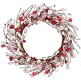 WreathDream Valentine's Day Wreath for Front Door Heart Shaped Berry Wreath with Wooden Floret,Berry for Front Door Indoor Outdoor Wedding Anniversary Party Home Wall Window Festival Decoration