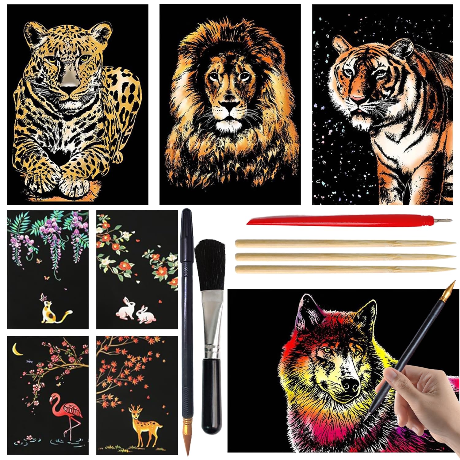 VLYX 8 Piece Scratch Art for Adults & Kids, Foil Art for Adults with Tools, Animal Series (A4/A5 Size)
