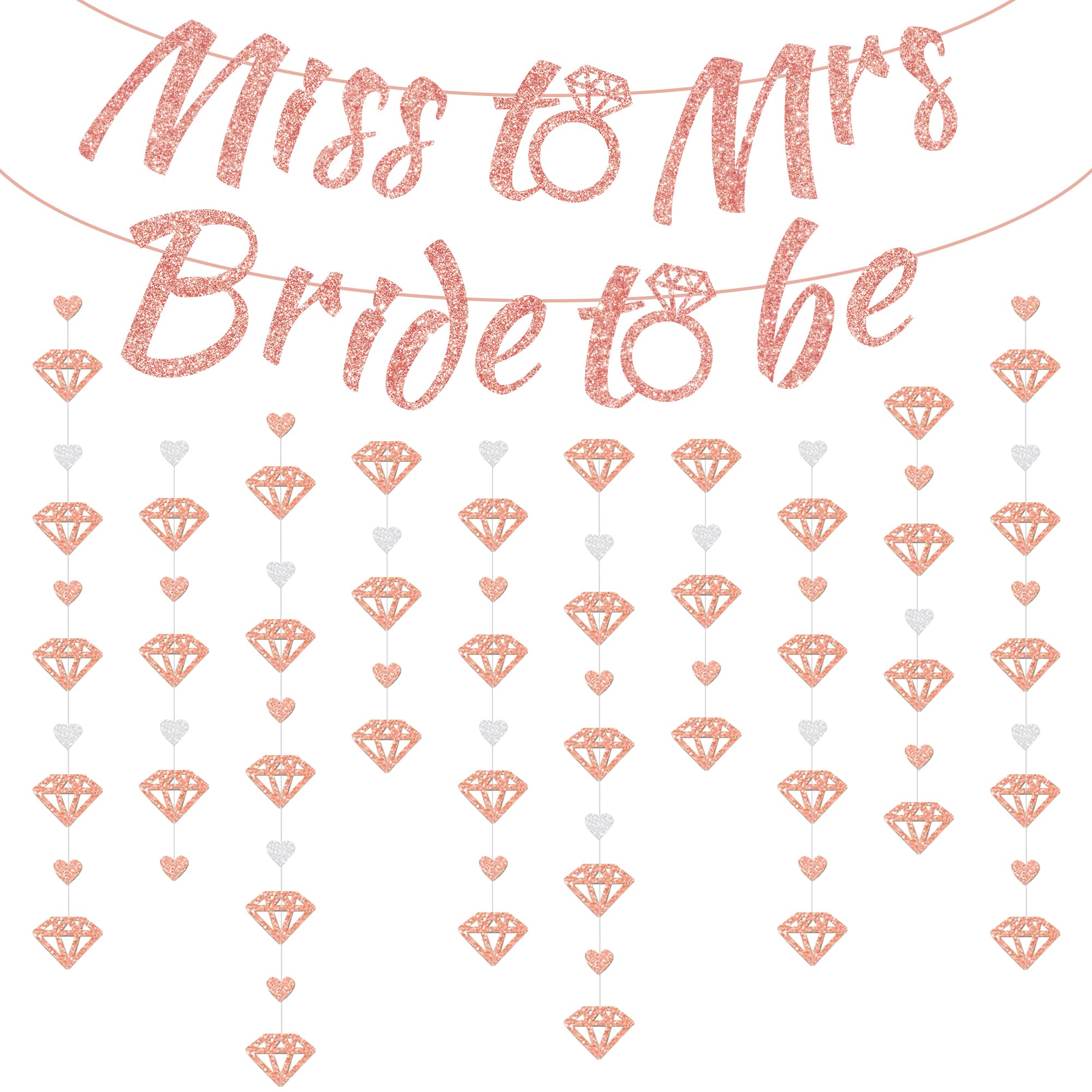 Bride to Be Banner Decorations - 19 Pieces Bridal Shower Decoration, Miss to Mrs Banners, Hen Party Wedding Engagement Rose Gold Bunting, Diamond Garland Hanging for Bachelorette Hen Do Party Supplies