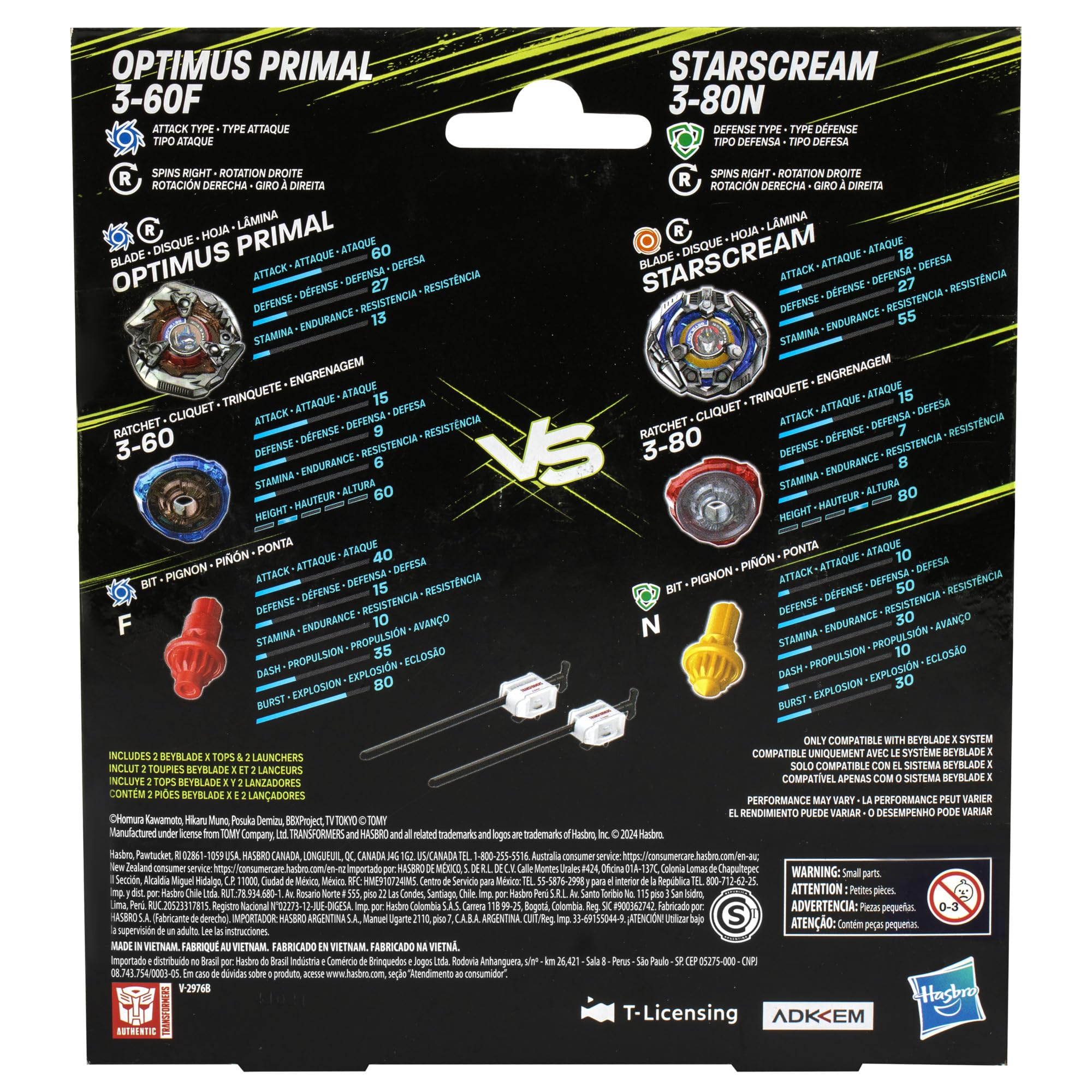 Beyblade X Transformers Collab Optimus Primal 3-60F vs. Starscream 3-80N Multipack Set with 2 Tops & 2 launchers; Battling Top Toys for 8 Year Old Boys & Girls (Amazon Exclusive)