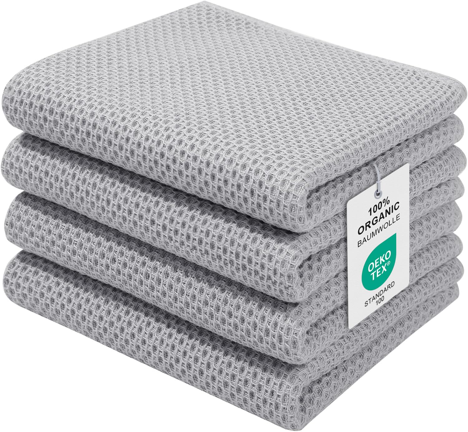 Moosfor 100% Cotton Tea Towels, Highly Absorbent Soft Dish Cloths, Quick Drying Kitchen Cloths for Washing Up, Pack of 4, 32 x 71 cm, Light Grey