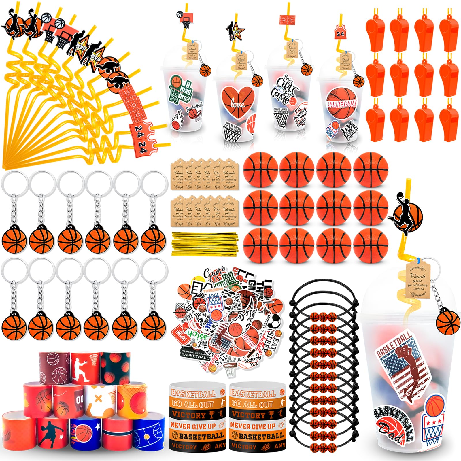 Photo 1 of 208 Pcs Basketball Party Favors, Basketball Birthday Party Supplies with Cups Straw Stress Ball Keychain Slap Bracelets Whistles Stickers Thank You Tags for Basketball Party Supplies (Basketball)