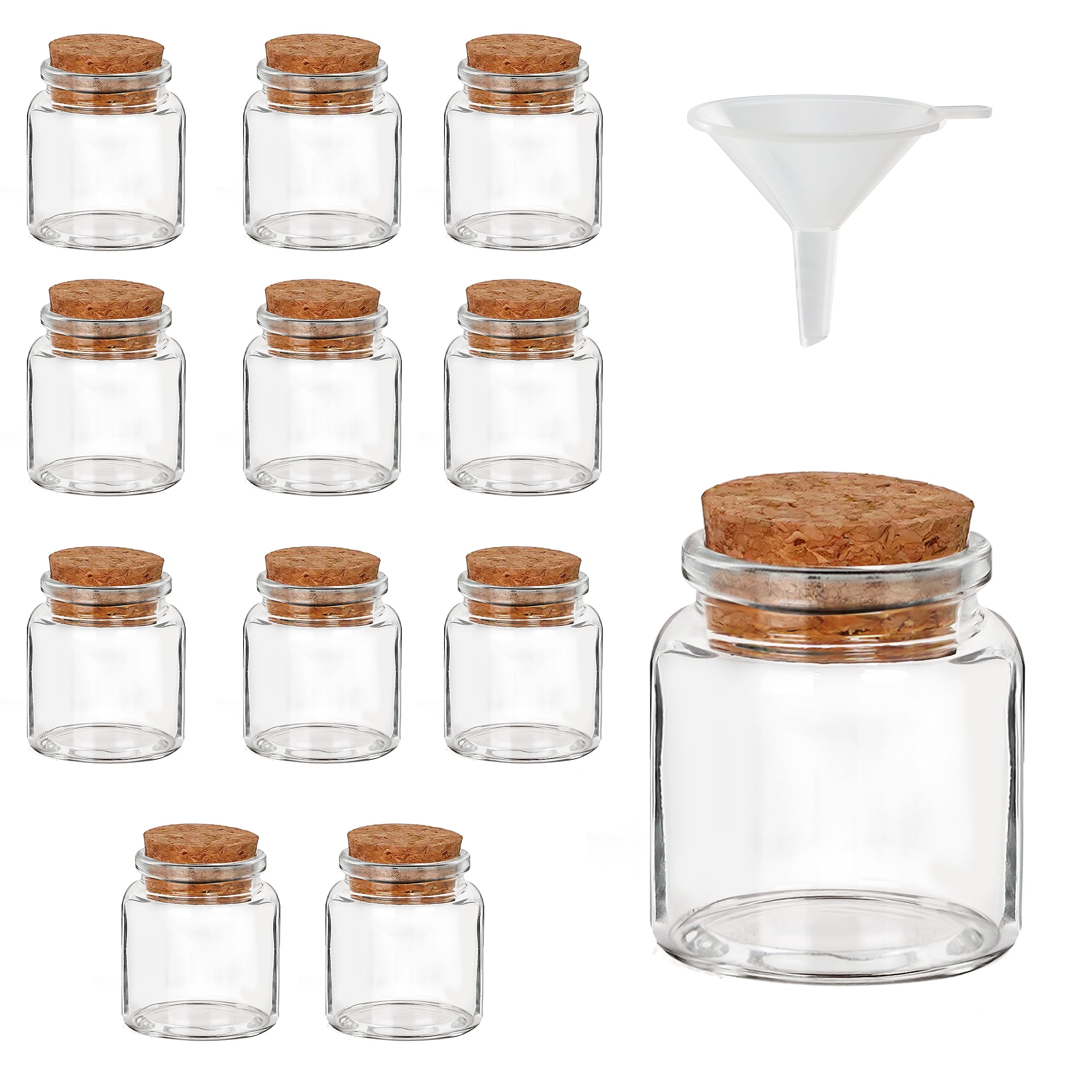 BELLE VOUS 12 Pack of Glass Favour Jars with Cork Stopper Lids - 45-50ml/1.5-1.7oz - Mini Mason Airtight Storage Bottles & Funnel for Wedding Favours, Parties, Kitchen Spices and Jam