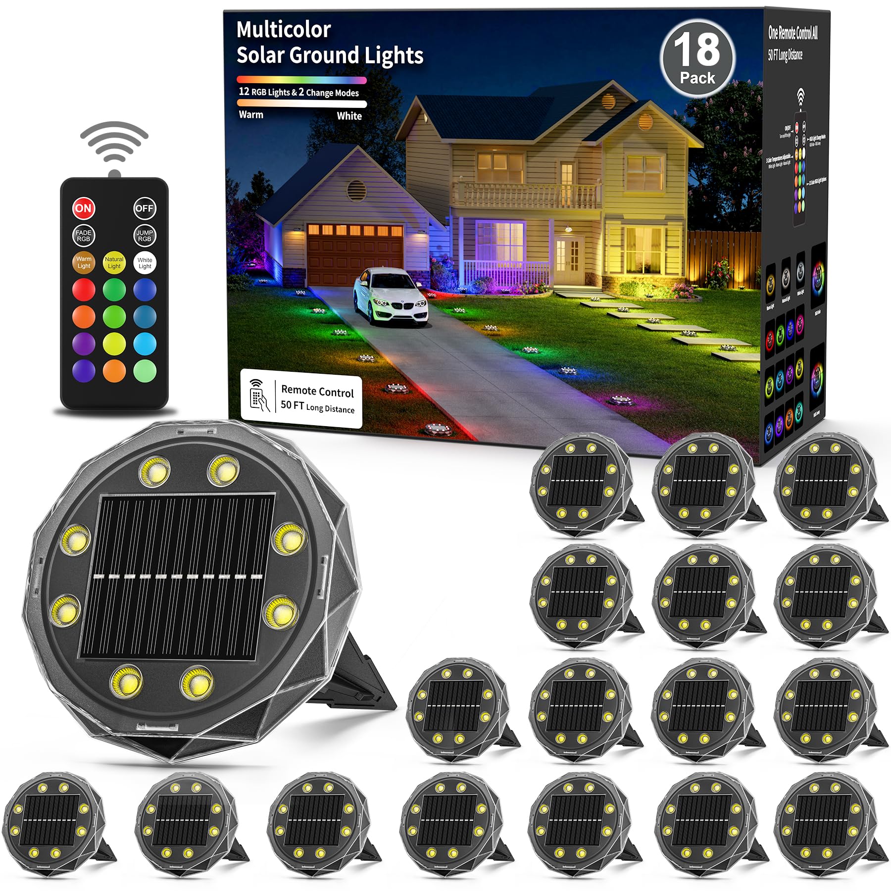 Photo 1 of Solar Ground Lights with Remote Control 50ft,IP67 Waterproof Solar Garden 15 Multi Color Lights,RGBYW Solar Powered Outdoor Landscape Lighting for Pathway,Yard,Deck,Lawn,Patio,Walkway,Poolside,18 Pack