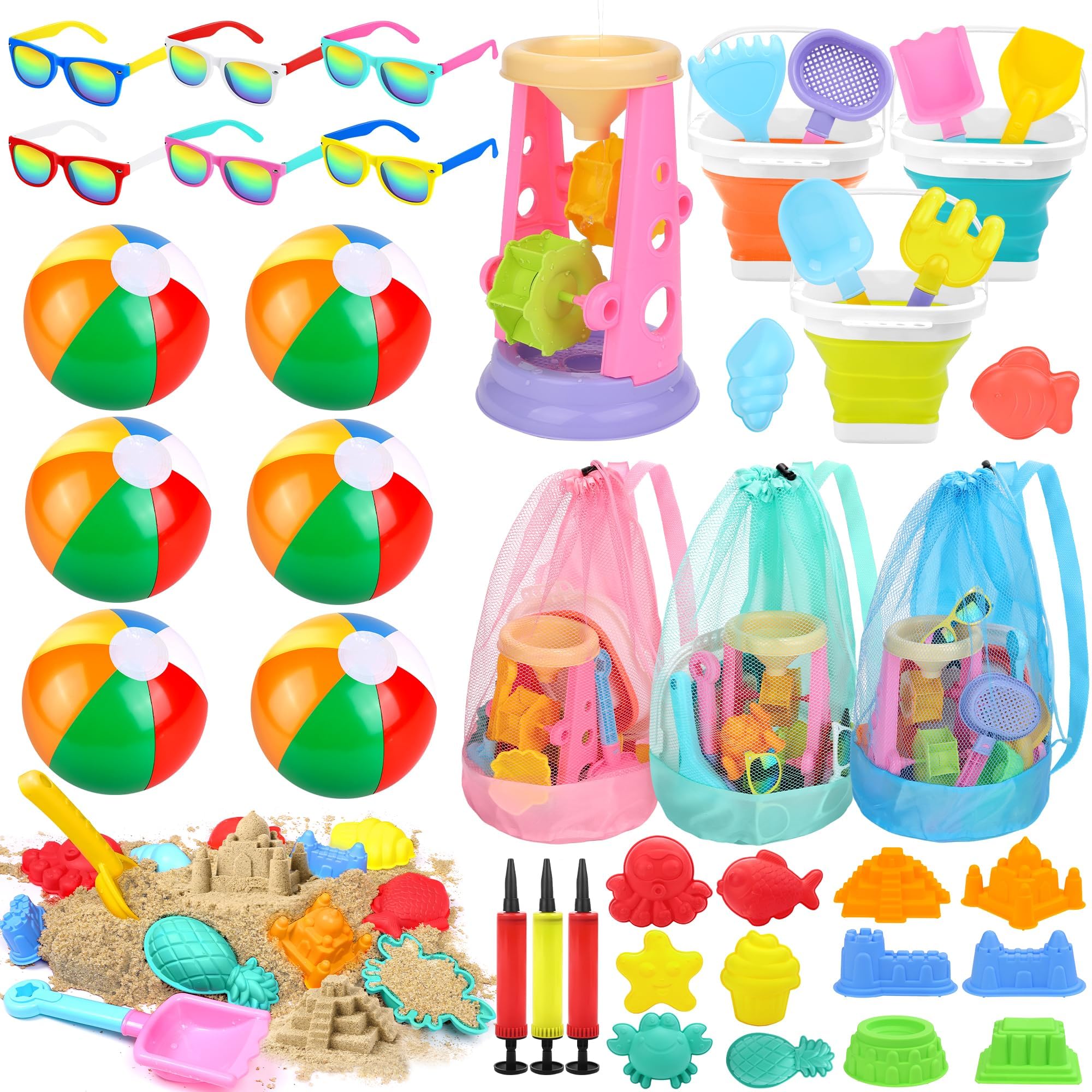 Photo 1 of Elcoho 44 Pieces Beach Toys Set with 3 Collapsible Bucket, 1 Sand Glass, 12 Sand Castle Building Kit, Shovels, Sunglasses, Beach Balls, Mesh Bags Summer Outdoor Party Games for Kids Aged 3-10