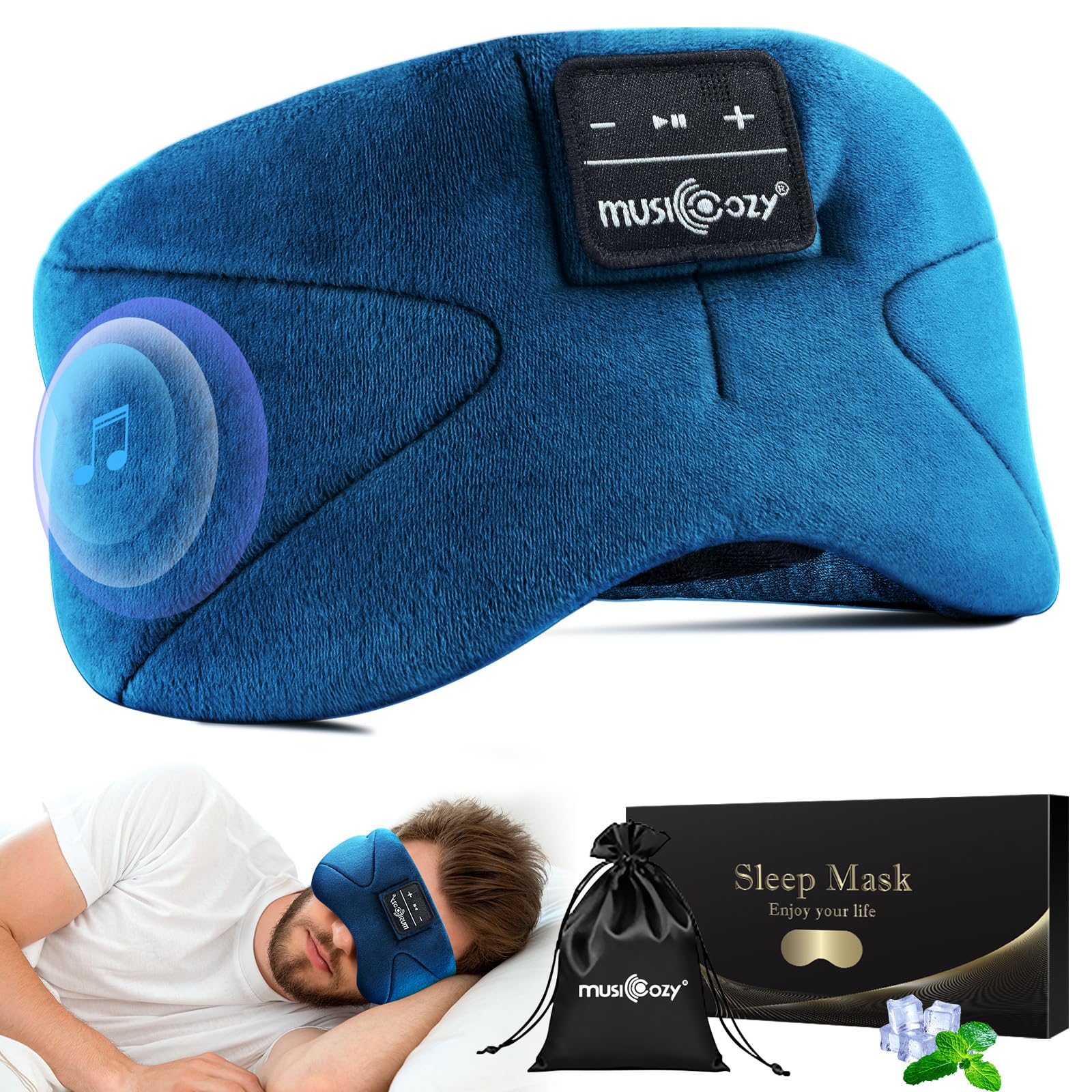 Musicozy Sleep Headphones Bluetooth Eye Mask,Soft Sleep Mask Headphones -100% Blackout Sleep Masks with Thin Speakers & 16Hrs Playtime for Long Time of Comfortable Sleeping,Unisex Gifts for Men Women