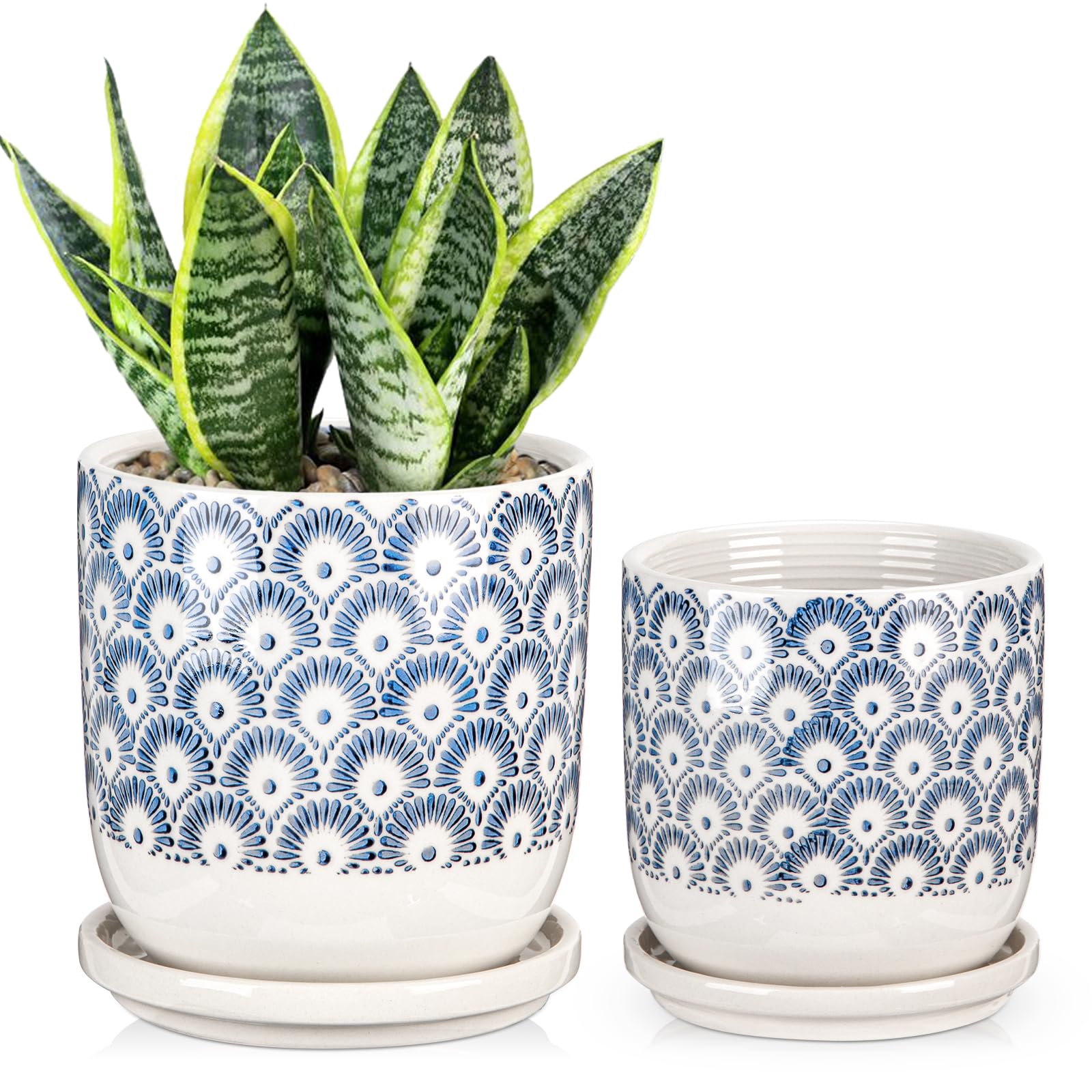 Photo 1 of Ceramic Planter Pots for Indoor Outdoor, 5+6 inch Round Flower Pots with Drainage Hole and Tray, Blue and White Plant Pots for Succulent Orchid Flower, Gardening Home Desktop Office Use(Set of 2)