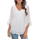 Lotusmile Women's Fancy Blouses Double Layers Mesh Dressy Tops 3/4 Ruffle Bell Sleeve Shirts