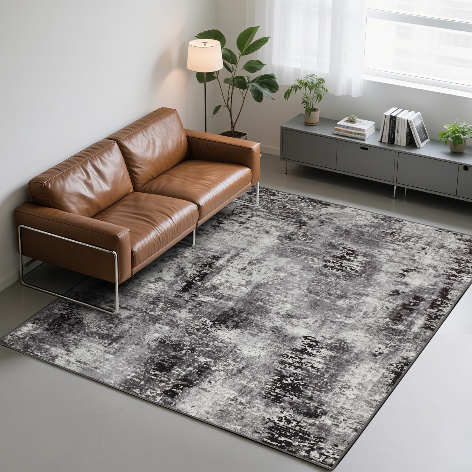 CRYPTOLITE Living Room Rug 7x10, Machine Washable Area Rug Non Slip Low Pile Rug for Living Room, Bedroom, Farmhouse, Dining Room, Kids Playroom, Black&Grey