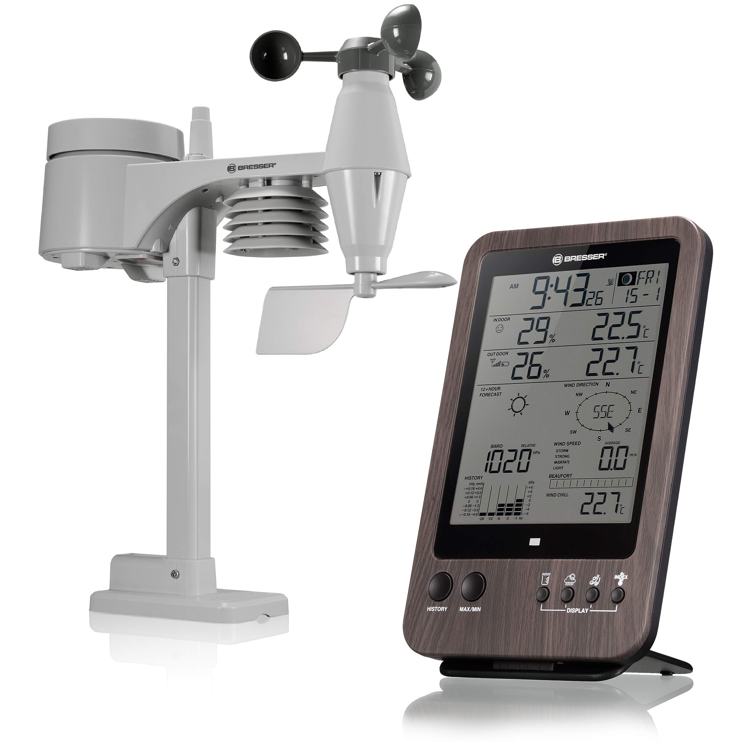 Bresser Weather Station 5-in-1 with Outdoor Sensor and German DCF Radio Control Clock and Mode For UK, Wooden Optic