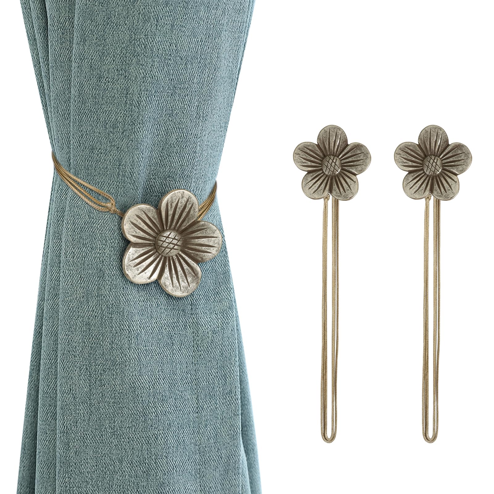 Lewondr Vintage Magnetic Curtain Tieback, 1 Pair Resin Flower Curtain Drapery Holdback Window Curtain Decorative Buckle Holder for Home Cafe Balcony - Coffee