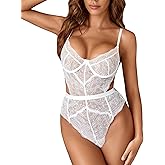 Aranmei Women Sexy Lingerie Bodysuit Lace Teddy Snap Crotch V Neck Cut Out One Piece Babydoll Underwire