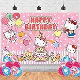 Hello Cat Birthday Decorations,Cartoon Anime for Party Decorations Supplies,Kitty Happy Birthday Banner Backdrop for Party Supplies (5x3ft)