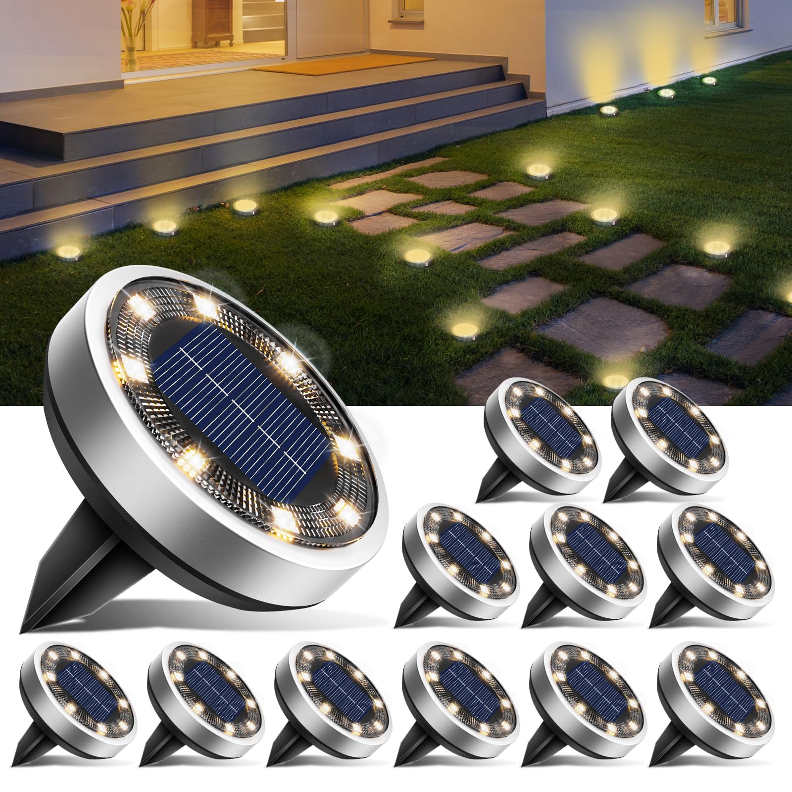 Photo 1 of btfarm 12 Pack Solar Ground Lights Outdoor, 8 LED Disc Lights IP65 Waterproof Flat Light, Pathway Light Solar Powered for Garden Lawn Patio Yard Path Landscape, Warm White