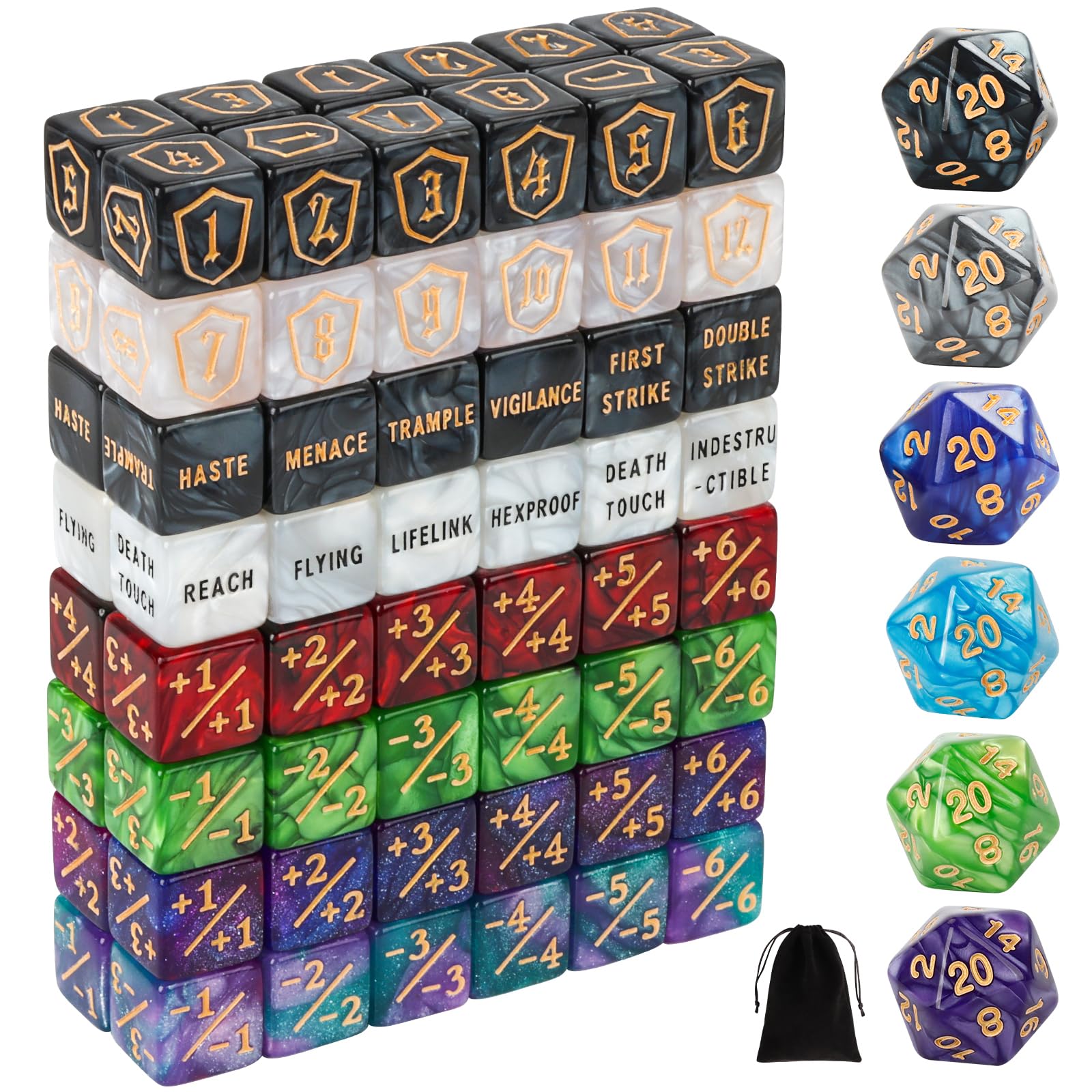 Photo 1 of 102 Pieces MTG Dice Counters Set Bulk Ability Keyword Tokens Shield Life Counters 6 Sided Dice for Magic The Gathering TCG Card Gaming Accessories (Dice Set A)