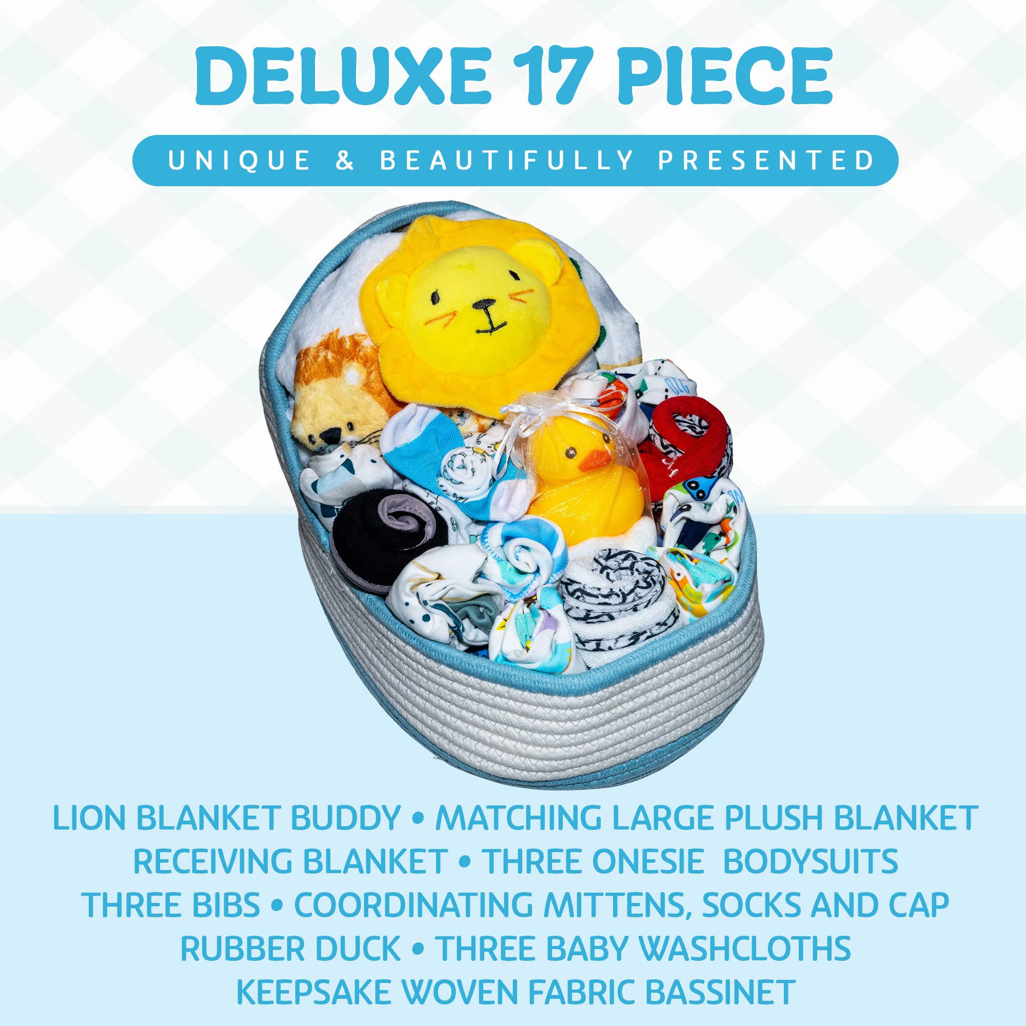 Bassinet New Baby Boy Gift Set, Baby Layette Set with 17-Piece Unique New Baby Essentials for Expecting Moms and New Parents, Blue - Nikki’s Gift Baskets