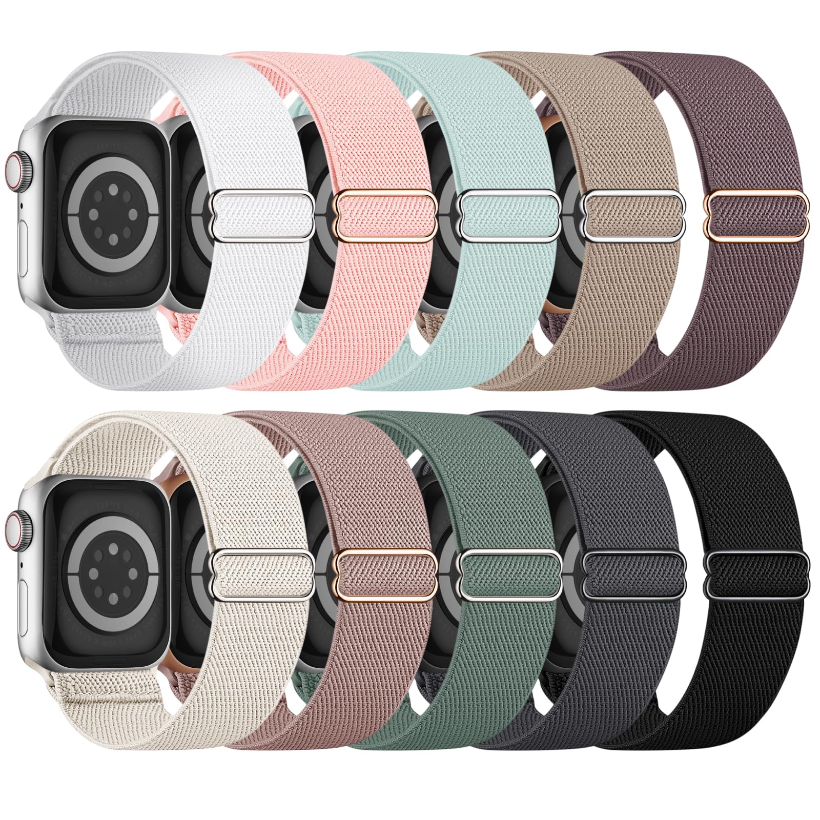 Photo 1 of 10 Pack Stretchy Bands Compatible with Apple Watch Band 40mm 38mm 41mm 42mm 44mm 45mm 46mm 49mm Women Men, Water-Resistant Solo Loop Elastic Sport Straps for iWatch Series 11 10 9 8 7 6 5 4 3 SE Ultra