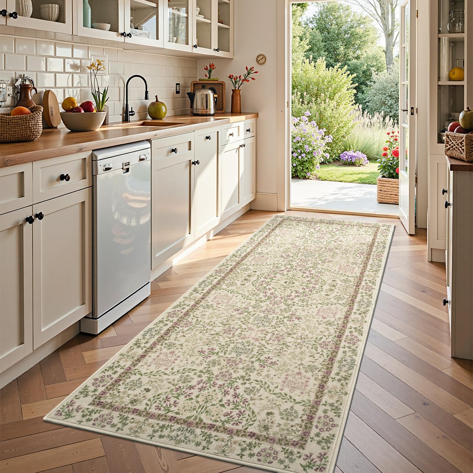 Photo 1 of jinchan Floral Runner Rug 3x8 Washable Kitchen Runner Non-Slip Low-Pile Soft Carpet Runner Botanical Throw Rug for Hallway Entryway Laundry Room Bedroom Pastoral Green