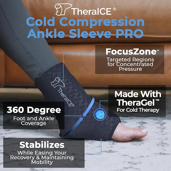 THERAICE ANKLE ICE PACK WRAP FOR SWELLING, SPRAINED ANKLE BRACE FOR WOMEN MEN, COLD FOOT HEEL SPUR SUPPORT COMPRESSION SOCKS, PLANTAR FASCIITIS ACHILLES TENDONITIS PAIN RELIEF FOCUSZONE EXTRA COOLING