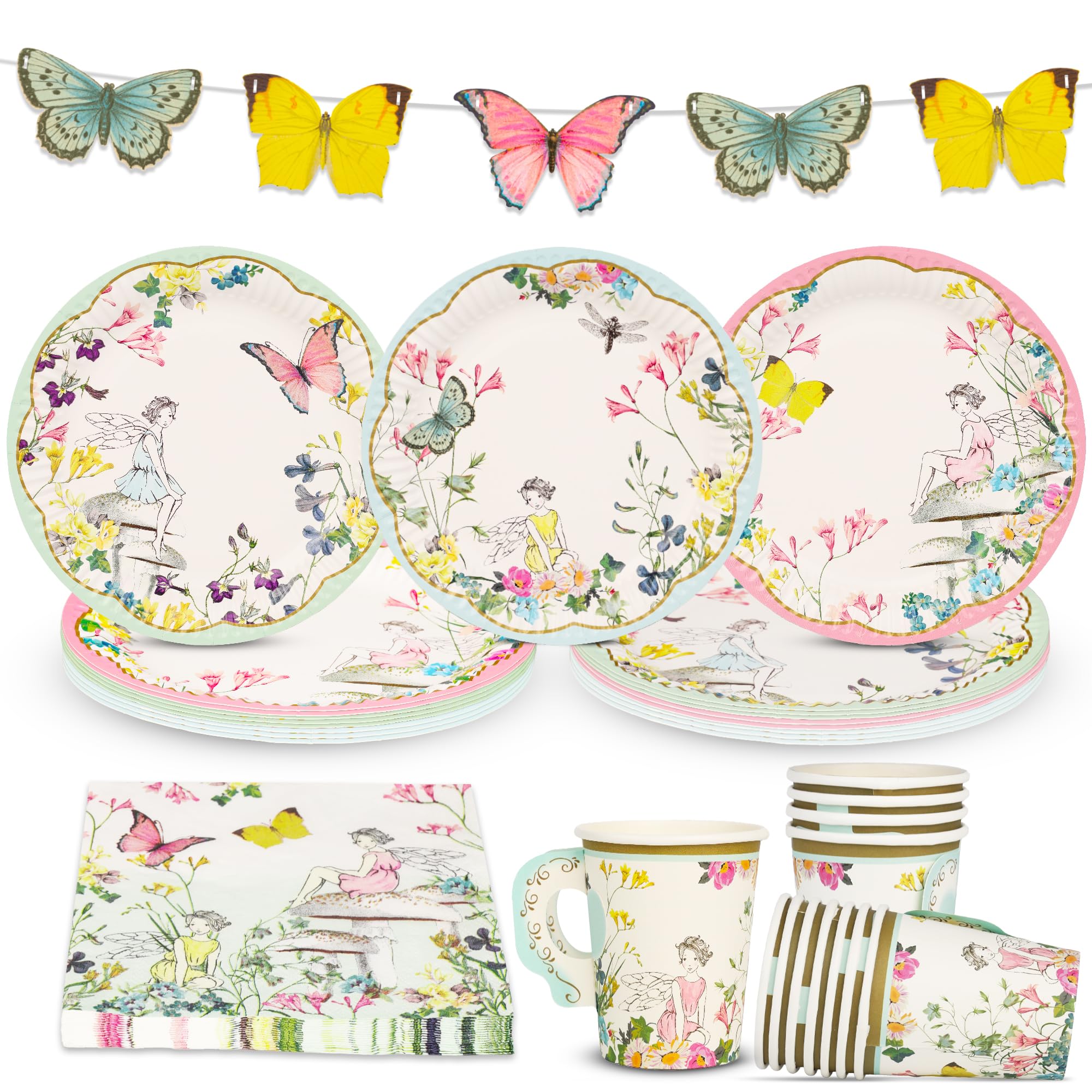 Talking Tables Fairy Party Decorations and Disposable Tableware for 16 Guests Butterfly Bunting, Cups, Plates and Napkins for Kids Birthday, Mother's Day, Afternoon Tea, Baby Shower