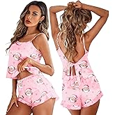 Ekouaer Satin Backless Ruffle Pajamas Silk Bow Ties Lingerie Set Wedding Bridal Party Sleepwear for Women