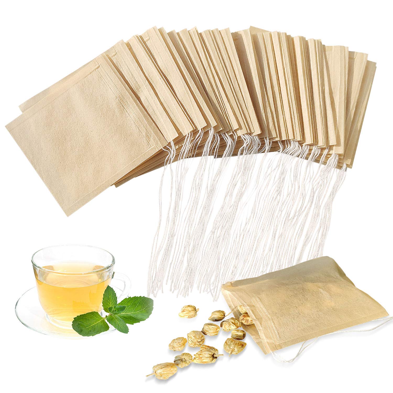 SumDirect Disposable Tea Filter Bags - 7x8cm Small Empty Paper Unbleached Biodegradable Pouches with Drawstring for Loose Tea, Coffee Grounds, DIY Herbal Tea Bags (Original Color, 200PCS)