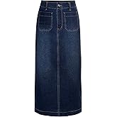 POTILI Long Denim Skirt for Women Stretch Maxi Skirt with Back Slit High Waisted Pencil Jean Skirt with Pockets Casual